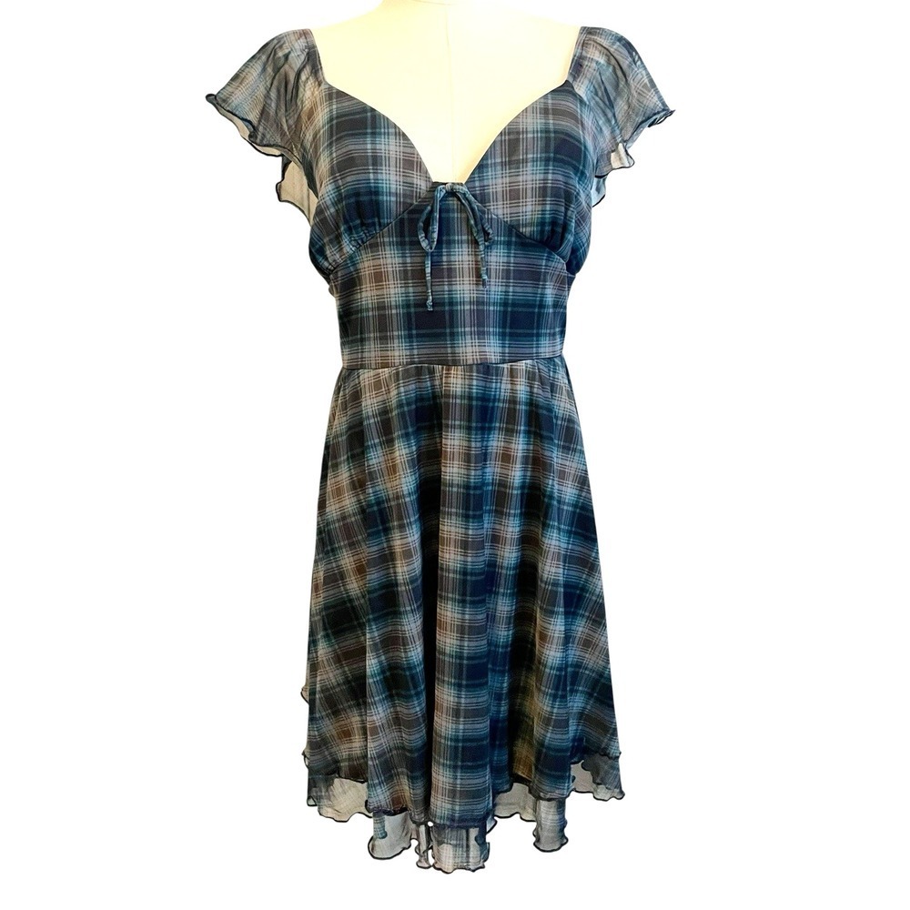 Wild Fable Plaid Mesh Mini Dress Womens Size XL Blue Coquette Cottagecore Y2K - Picture 2 of 13